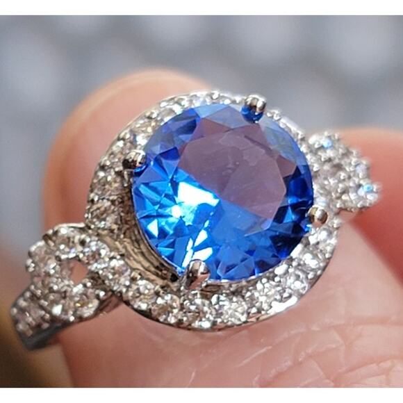 Rhodium Plated Simulated Blue Sapphire Ring - Elegant Statement - Size 10 - Picture 1 of 10